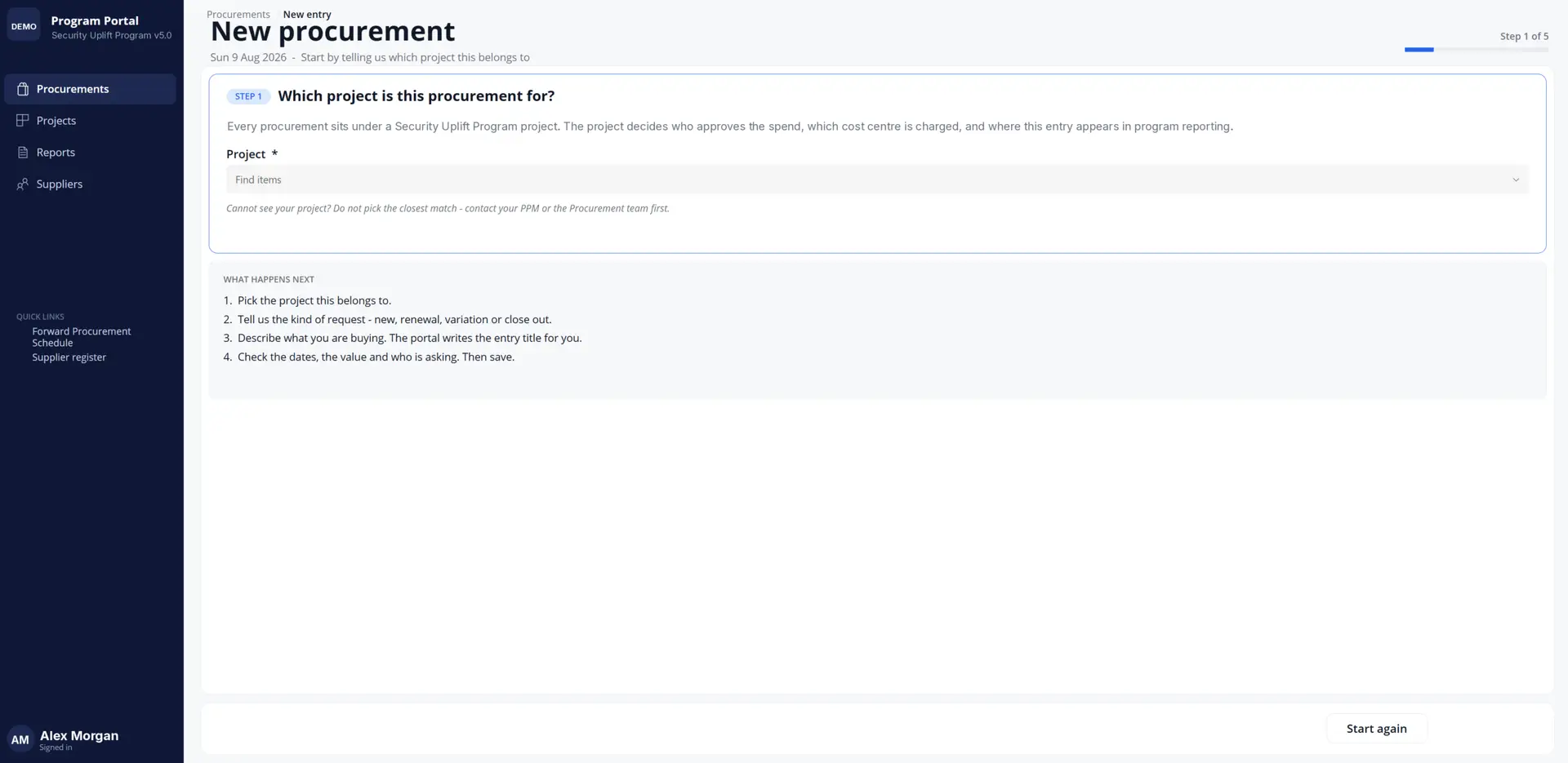 The guided New procurement form in the GovP2P Procurement Portal, step 1 of 5, asking which project the procurement belongs to.