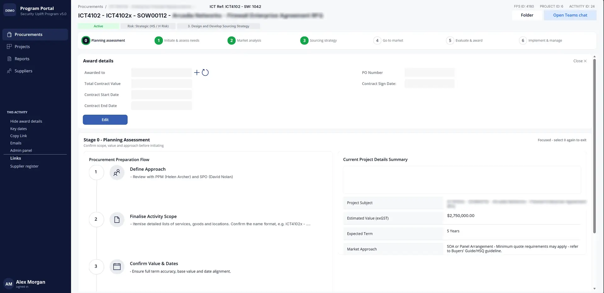Stage 0 Planning Assessment in the GovP2P Procurement Portal, with project and agreement names redacted, showing the procurement preparation flow beside estimated value, expected term and market approach.