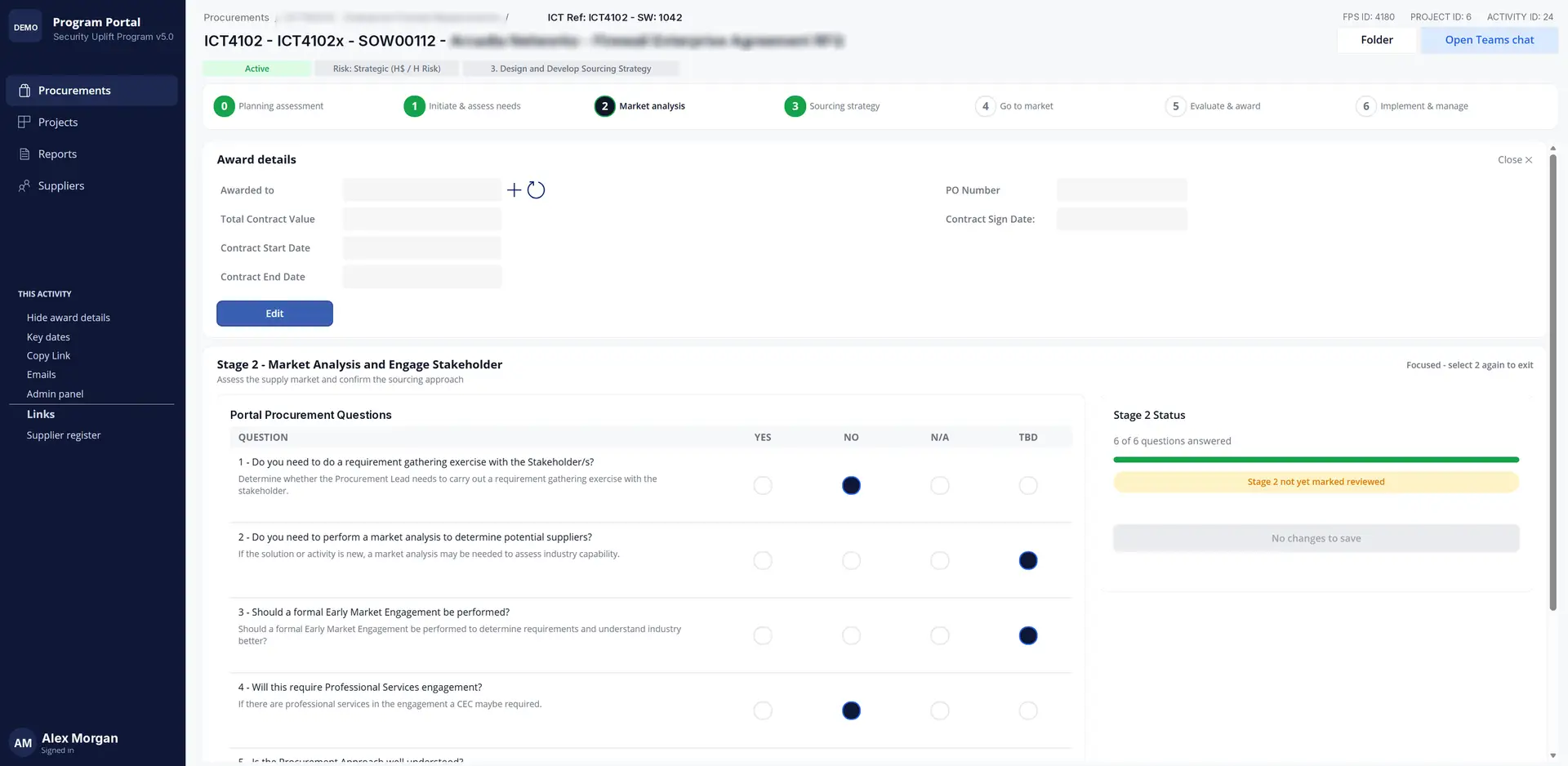 Stage 2 Market Analysis in the GovP2P Procurement Portal, with project and agreement names redacted, showing the procurement questions answered yes, no, not applicable or to be determined.