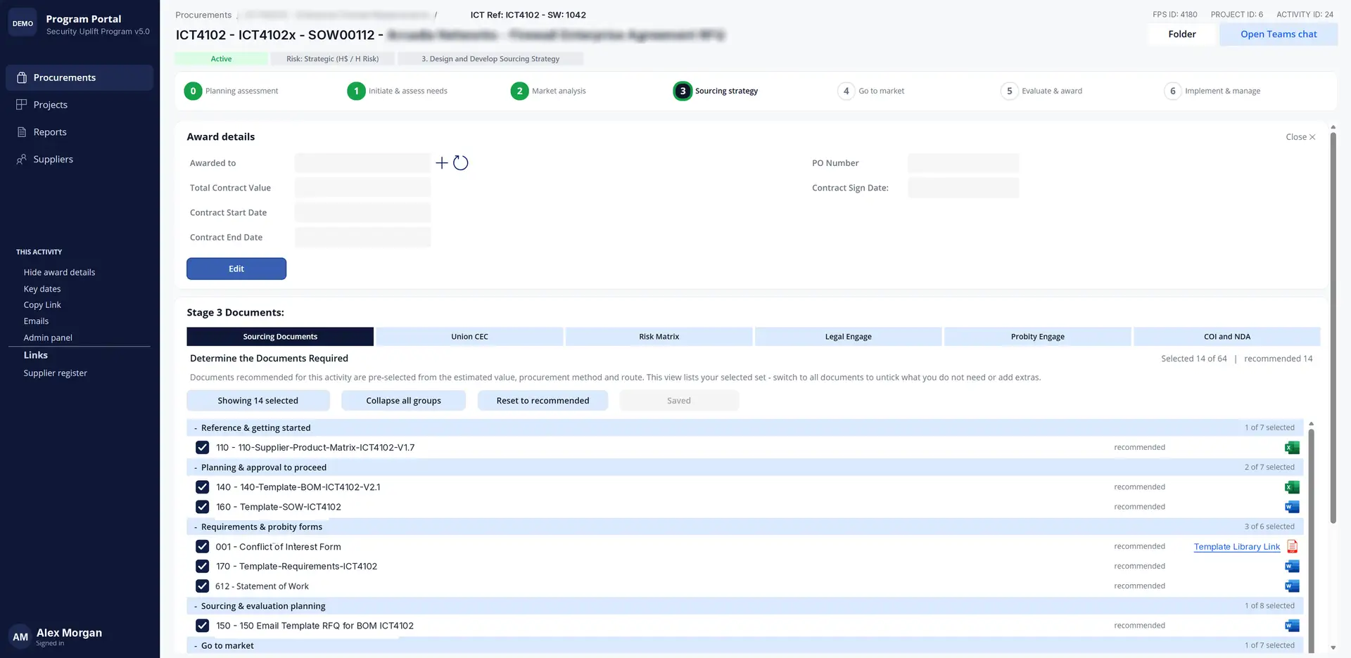 Stage 3 Documents in the GovP2P Procurement Portal, with project and agreement names redacted, showing a recommended document set pre-selected from estimated value, procurement method and route.